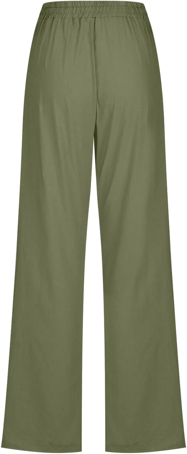 Women's Linen Pants Drawstring Lightweight Beach Pants Summer Soft High Waisted Straight Leg Casual Trousers Pockets