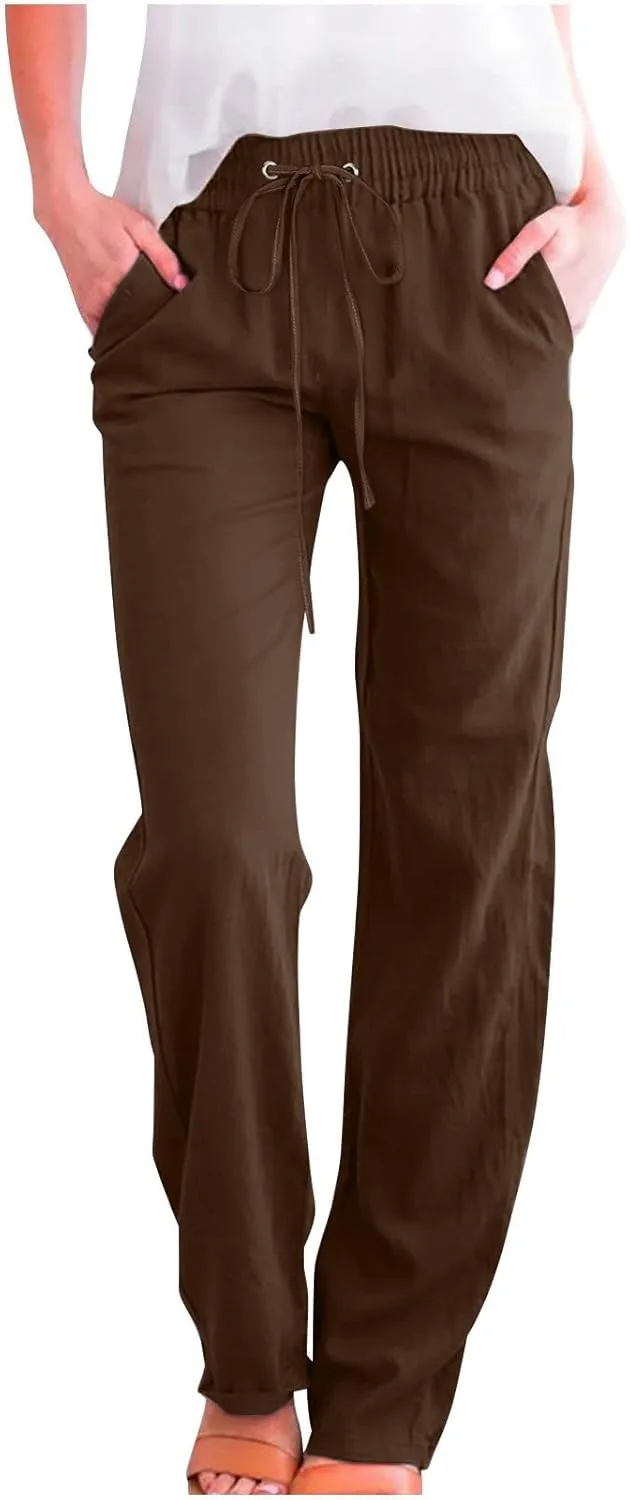 Women's Linen Pants Drawstring Lightweight Beach Pants Summer Soft High Waisted Straight Leg Casual Trousers Pockets
