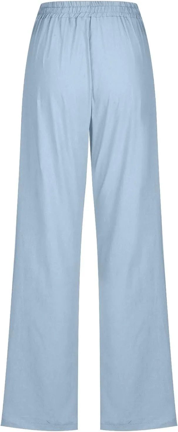Women's Linen Pants Drawstring Lightweight Beach Pants Summer Soft High Waisted Straight Leg Casual Trousers Pockets