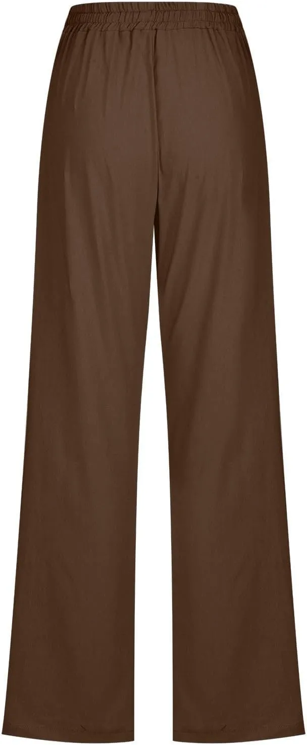 Women's Linen Pants Drawstring Lightweight Beach Pants Summer Soft High Waisted Straight Leg Casual Trousers Pockets