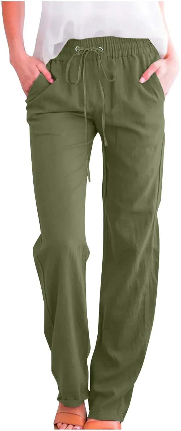 Women's Linen Pants Drawstring Lightweight Beach Pants Summer Soft High Waisted Straight Leg Casual Trousers Pockets