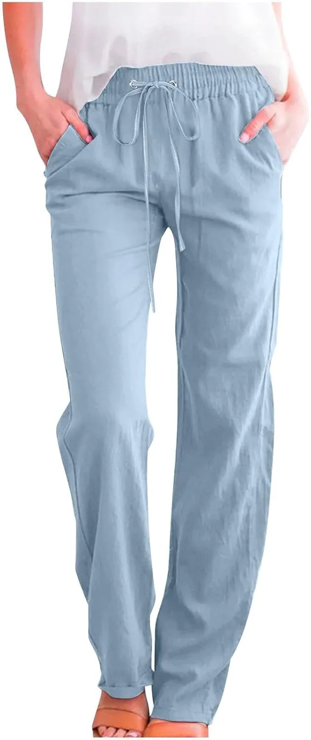 Women's Linen Pants Drawstring Lightweight Beach Pants Summer Soft High Waisted Straight Leg Casual Trousers Pockets