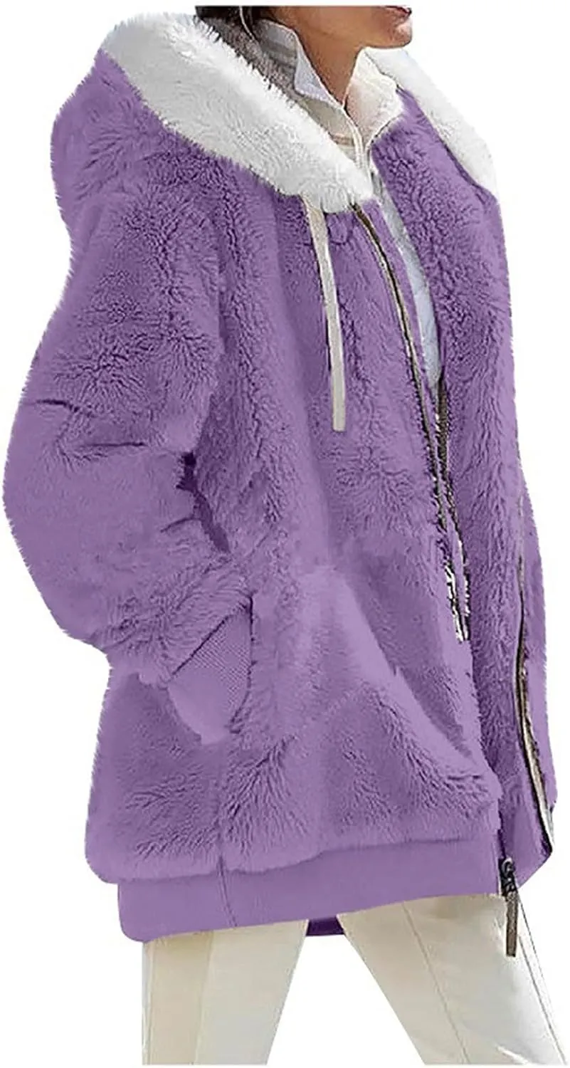 Womens Plus Size Fuzzy Fleece Jacket Casual Long Sleeve Hooded Cardigan Coats 2024 Winter Oversized Soft Warm Outwear