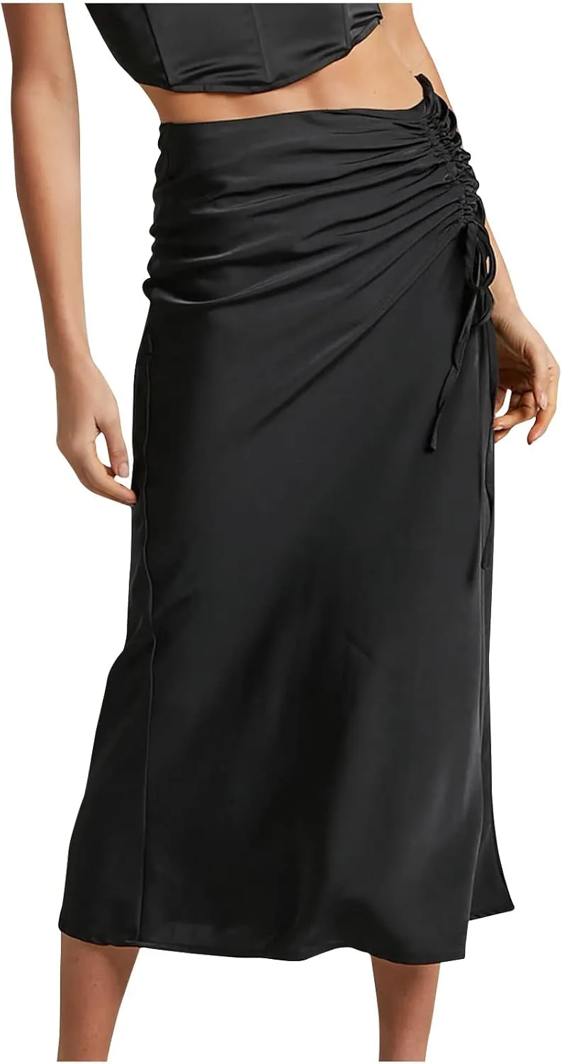 Womens Skirt 2024 Floral Print Hip-Wrapped Tight Skirts Sexy Ruched Solid Color Bodycon Skirt High Waisted Skirts