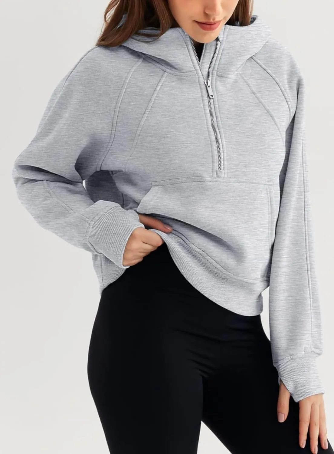 Women's Sports Sweatshirt - Chic Half-Zip Pullover Hoodie with Fleece - Fashionable Cropped Sweatshirt