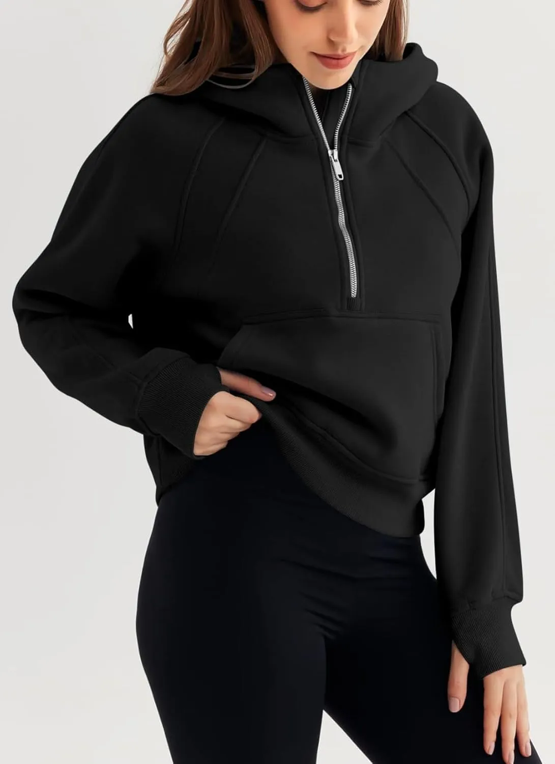Women's Sports Sweatshirt - Chic Half-Zip Pullover Hoodie with Fleece - Fashionable Cropped Sweatshirt