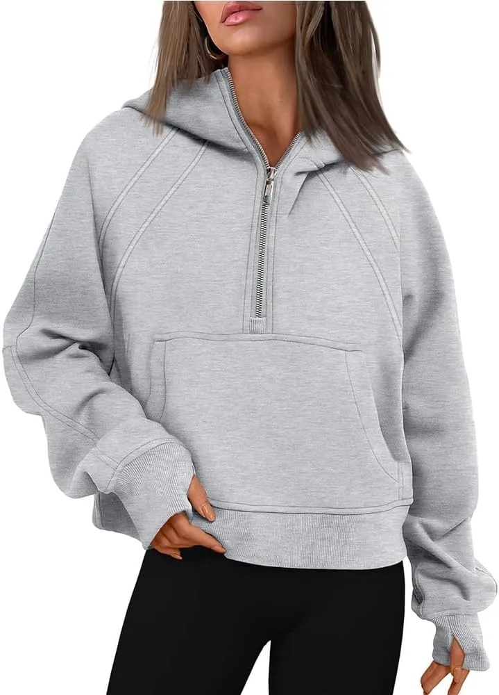 Women's Sports Sweatshirt - Chic Half-Zip Pullover Hoodie with Fleece - Fashionable Cropped Sweatshirt