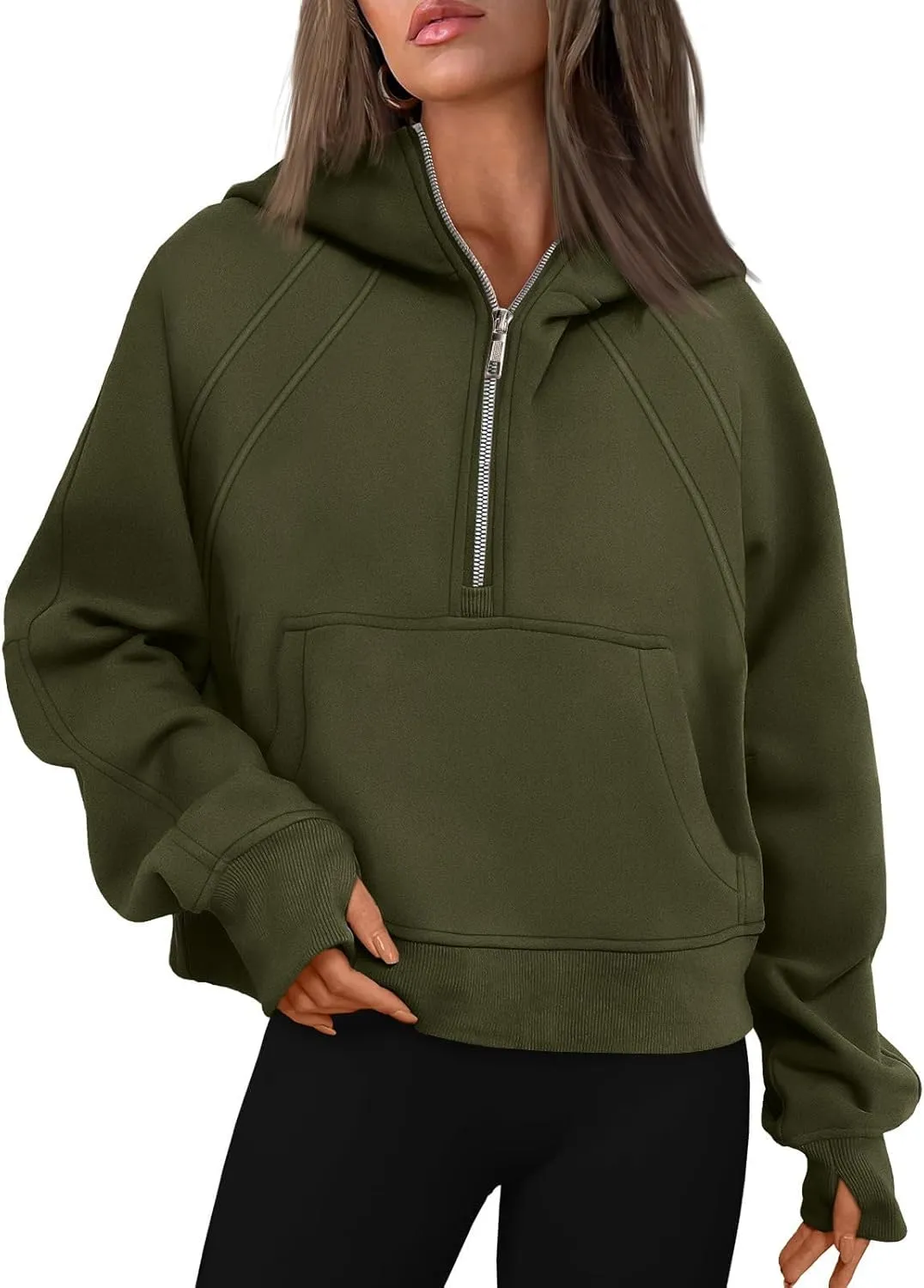 Women's Sports Sweatshirt - Chic Half-Zip Pullover Hoodie with Fleece - Fashionable Cropped Sweatshirt