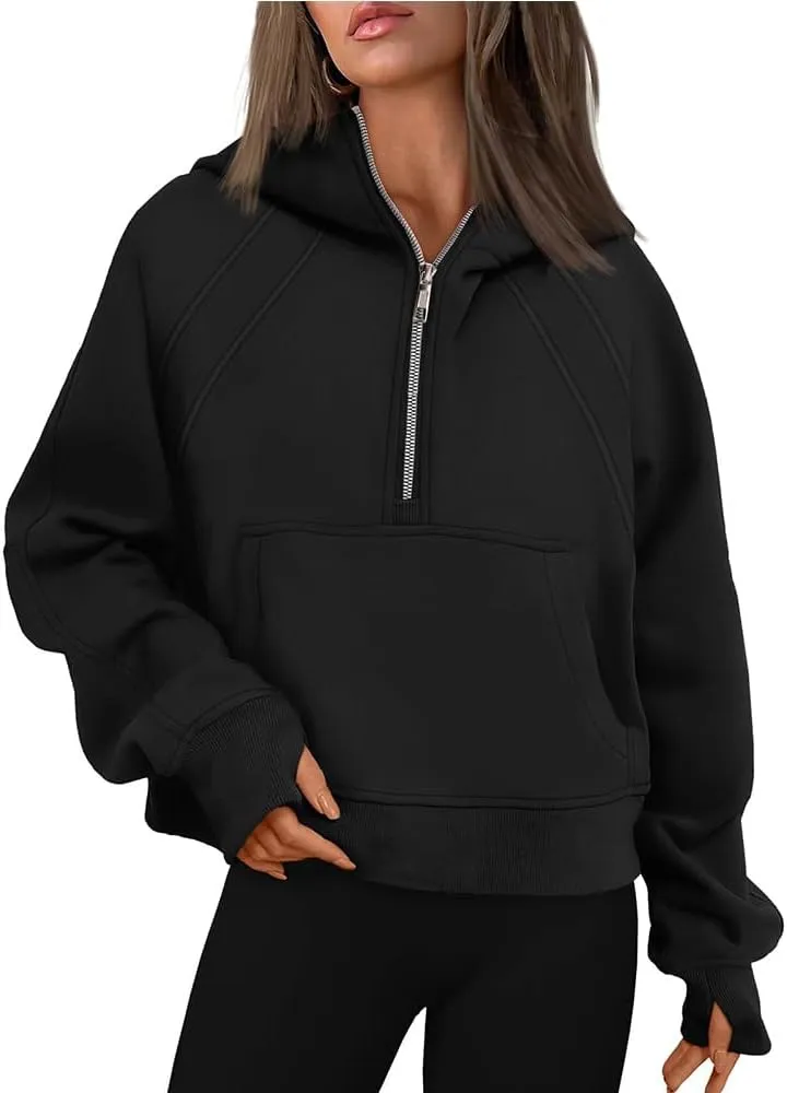 Women's Sports Sweatshirt - Chic Half-Zip Pullover Hoodie with Fleece - Fashionable Cropped Sweatshirt