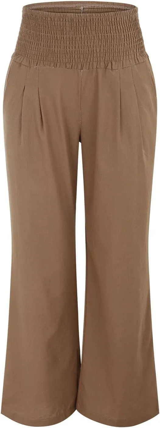 Womens Straight Loose Wide Leg Solid Color Pants, Summer Soft Elastic High Waist Classic Plus Size with Pockets