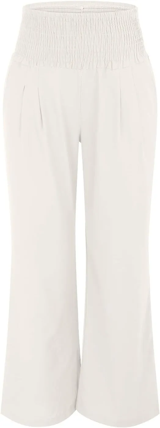 Womens Straight Loose Wide Leg Solid Color Pants, Summer Soft Elastic High Waist Classic Plus Size with Pockets