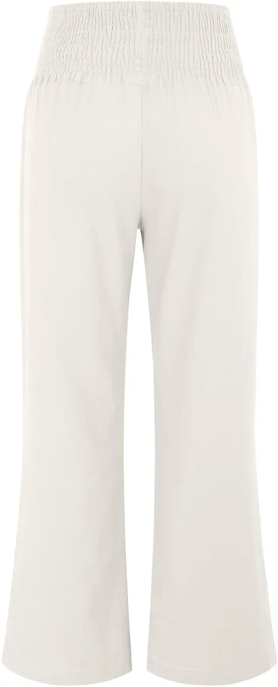 Womens Straight Loose Wide Leg Solid Color Pants, Summer Soft Elastic High Waist Classic Plus Size with Pockets