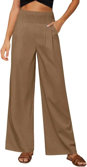 Womens Straight Loose Wide Leg Solid Color Pants, Summer Soft Elastic High Waist Classic Plus Size with Pockets