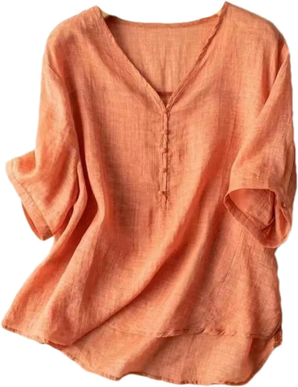 Women's Thin V-Neck T-Shirt Retro Spring and Summer Breathable Five-Point Sleeve Loose Solid Color top