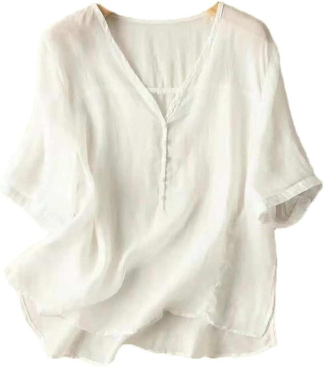 Women's Thin V-Neck T-Shirt Retro Spring and Summer Breathable Five-Point Sleeve Loose Solid Color top