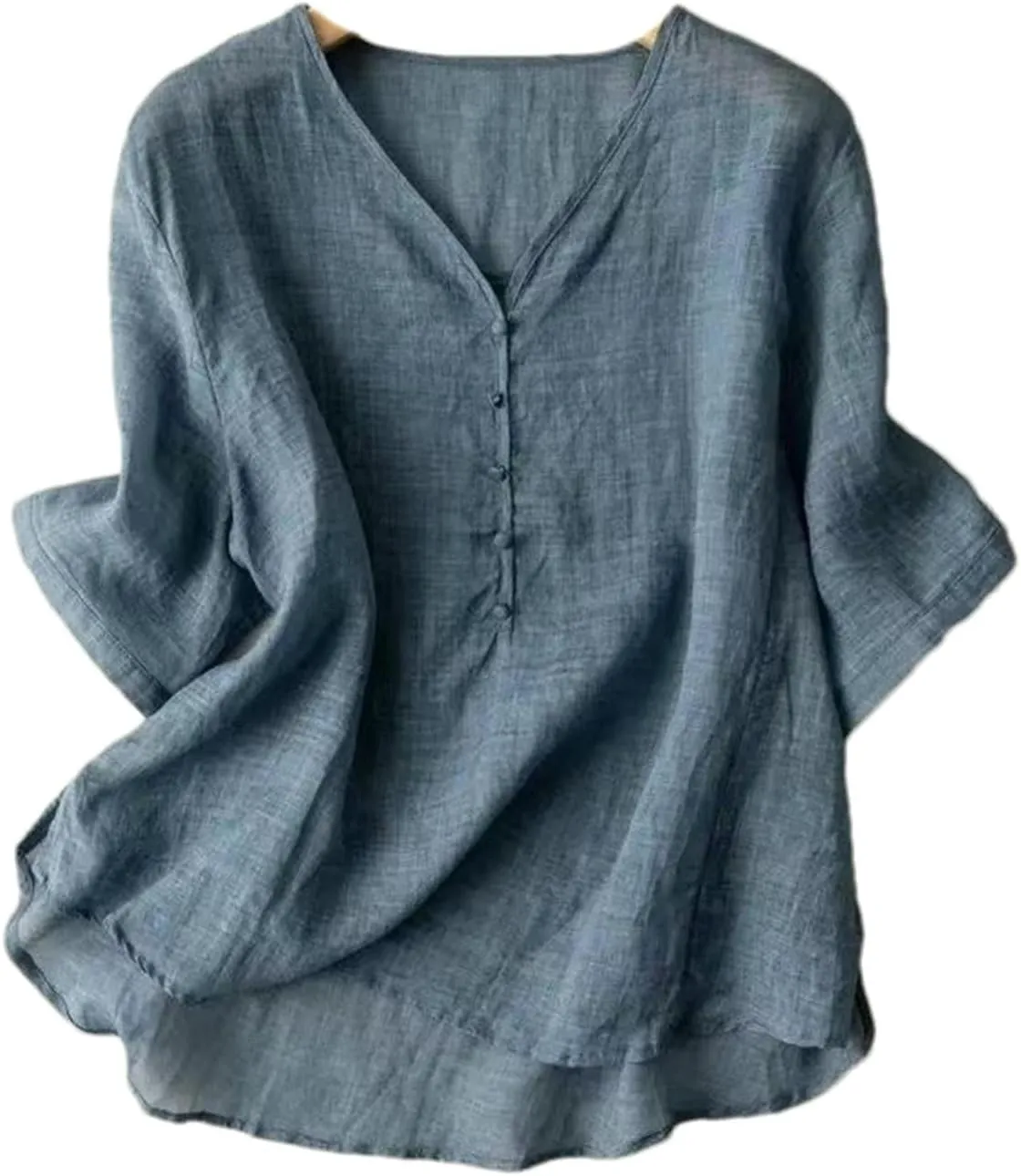 Women's Thin V-Neck T-Shirt Retro Spring and Summer Breathable Five-Point Sleeve Loose Solid Color top