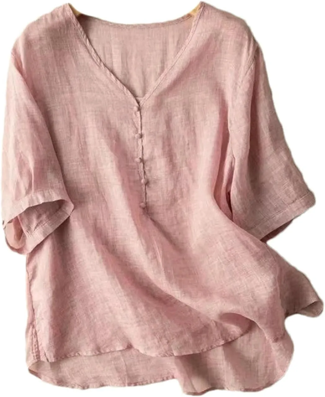 Women's Thin V-Neck T-Shirt Retro Spring and Summer Breathable Five-Point Sleeve Loose Solid Color top