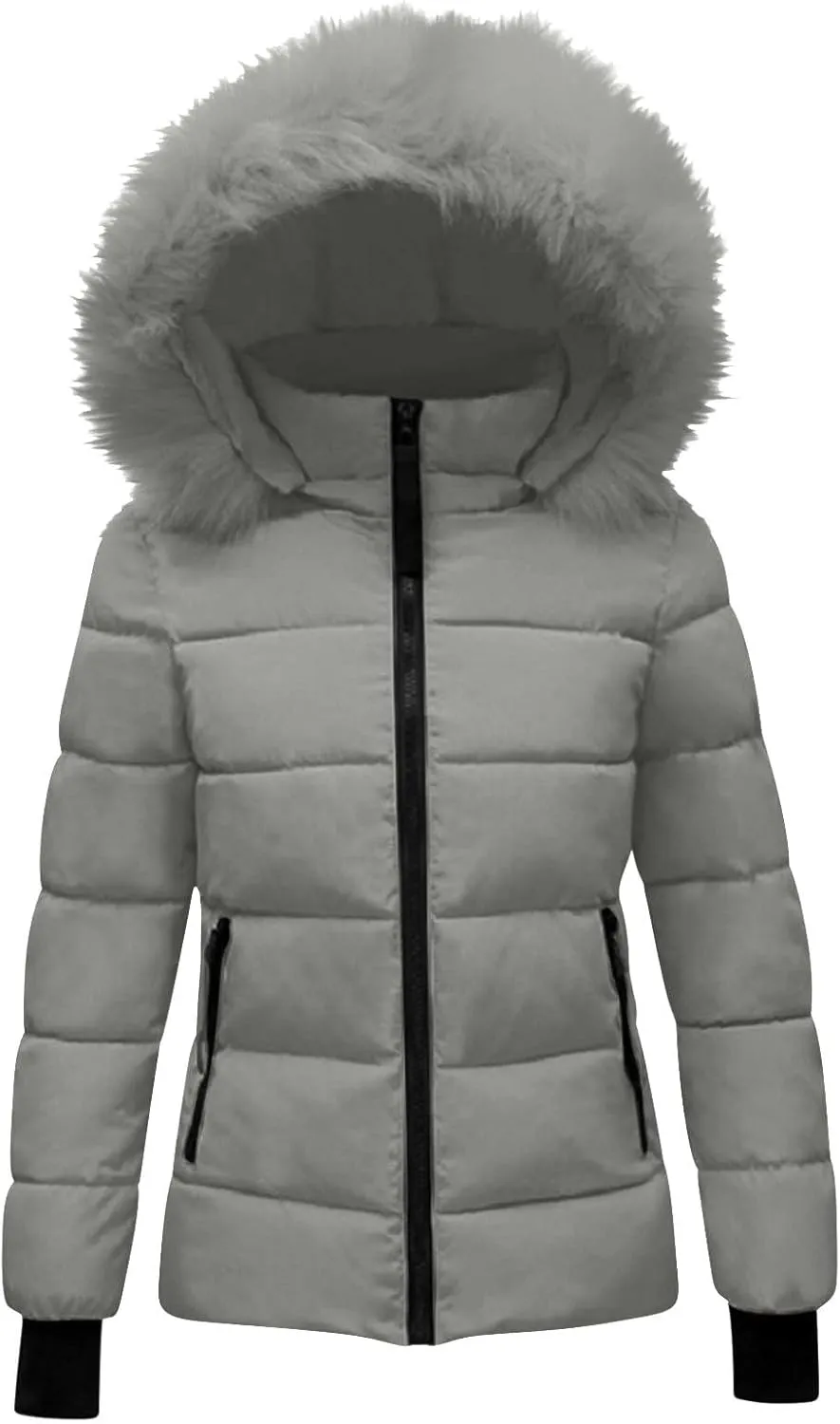 Women's Winter Thicken Puffer Coat Warm Quilted down Jackets Faux Fur Trim Detachable Hooded Solid Soft Parka Outwear