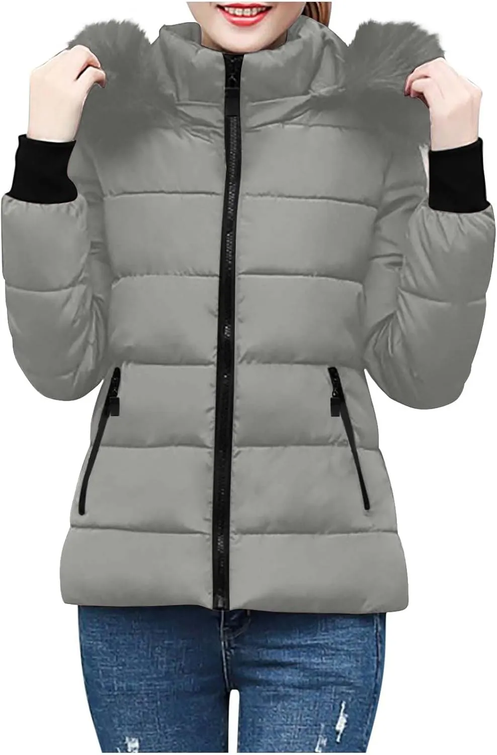 Women's Winter Thicken Puffer Coat Warm Quilted down Jackets Faux Fur Trim Detachable Hooded Solid Soft Parka Outwear