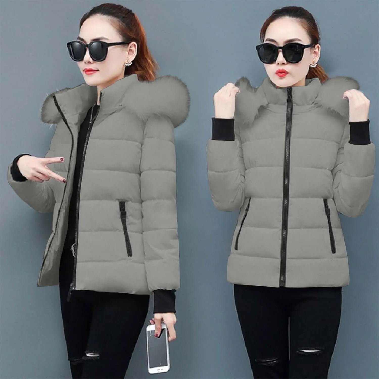 Women's Winter Thicken Puffer Coat Warm Quilted down Jackets Faux Fur Trim Detachable Hooded Solid Soft Parka Outwear