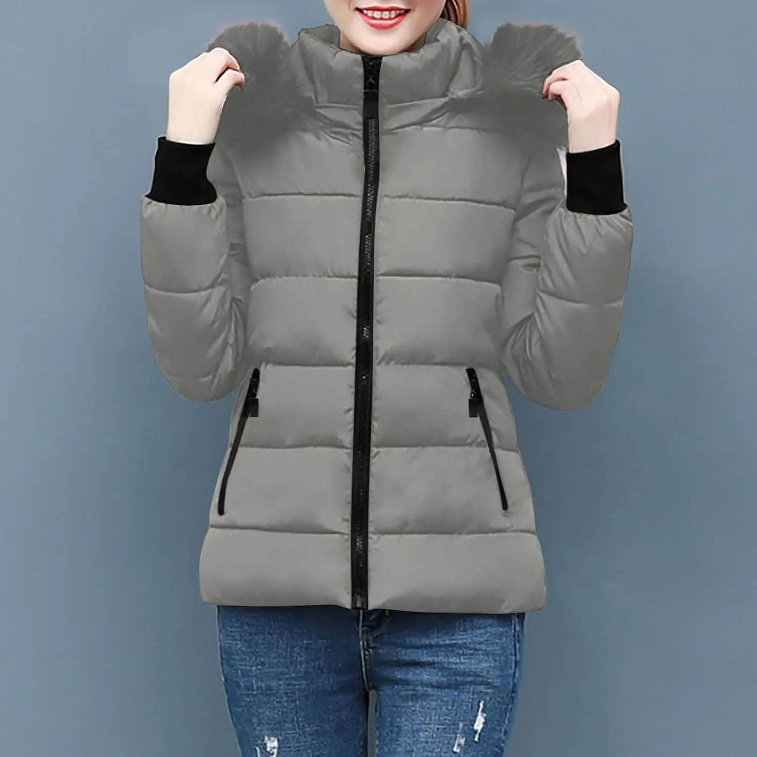 Women's Winter Thicken Puffer Coat Warm Quilted down Jackets Faux Fur Trim Detachable Hooded Solid Soft Parka Outwear