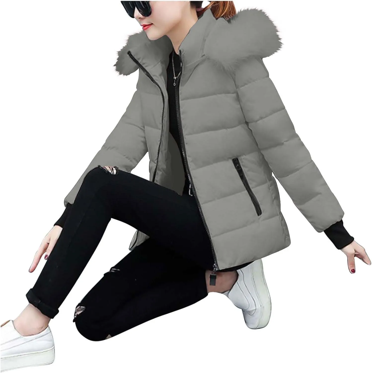 Women's Winter Thicken Puffer Coat Warm Quilted down Jackets Faux Fur Trim Detachable Hooded Solid Soft Parka Outwear