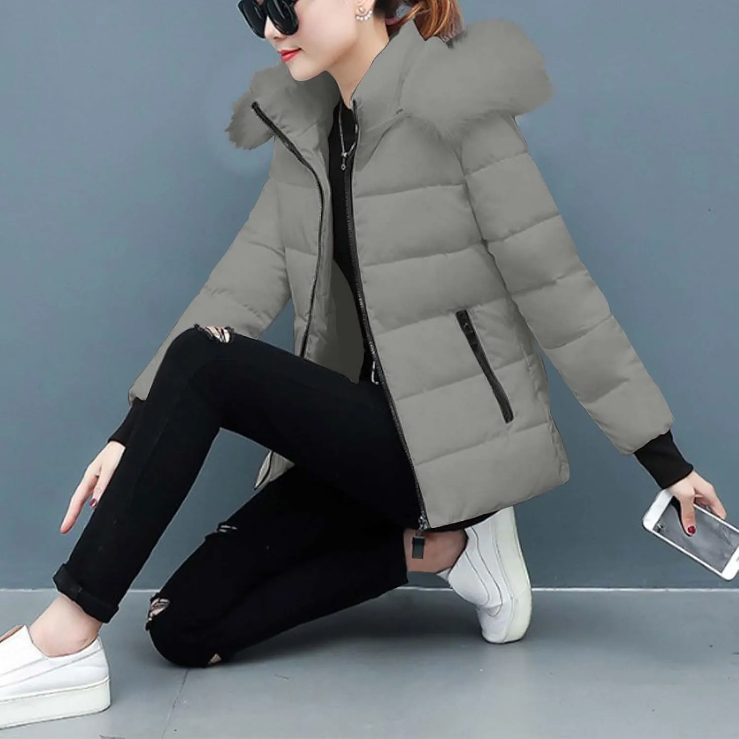 Women's Winter Thicken Puffer Coat Warm Quilted down Jackets Faux Fur Trim Detachable Hooded Solid Soft Parka Outwear