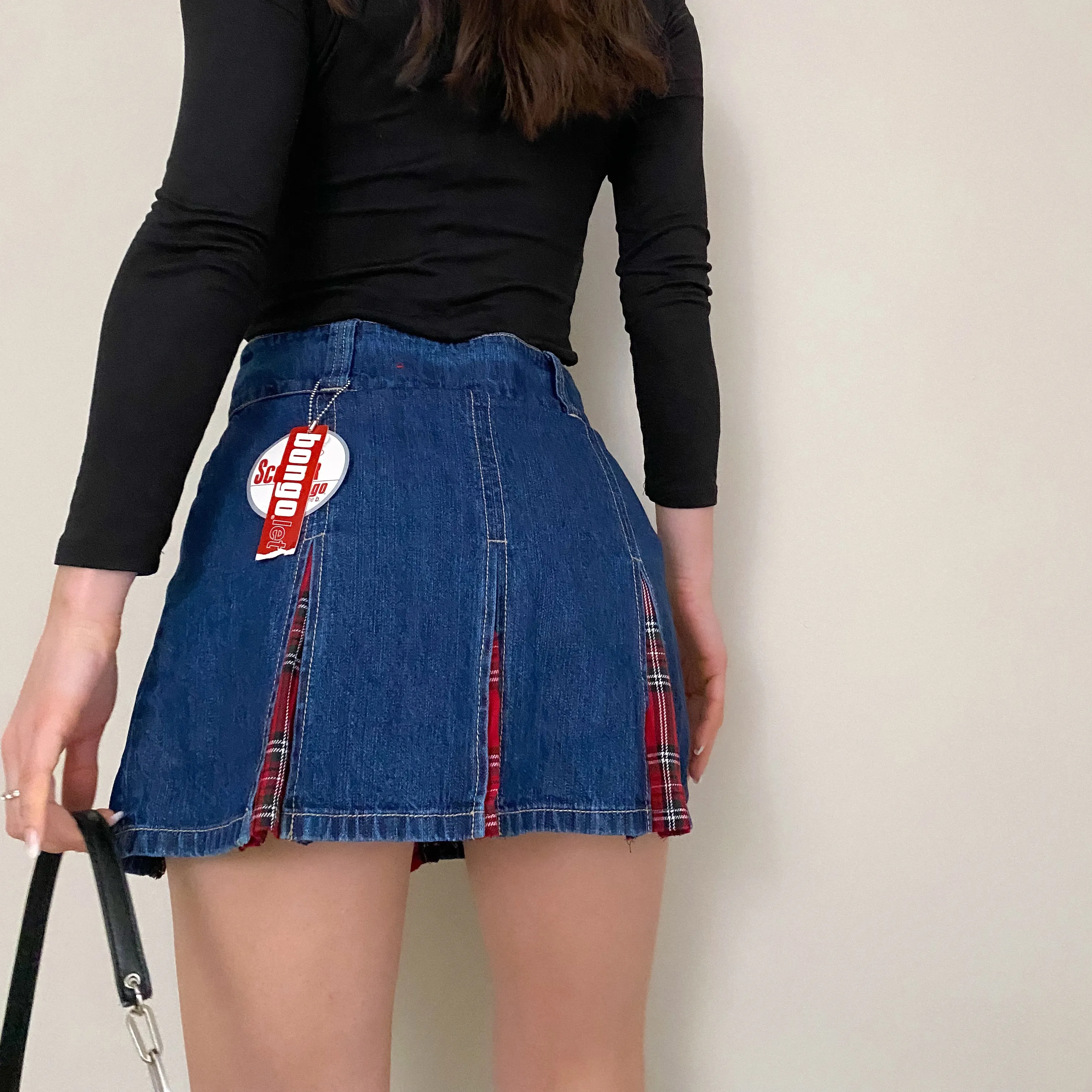 Y2K Denim and Plaid Pleated Mini Skirt